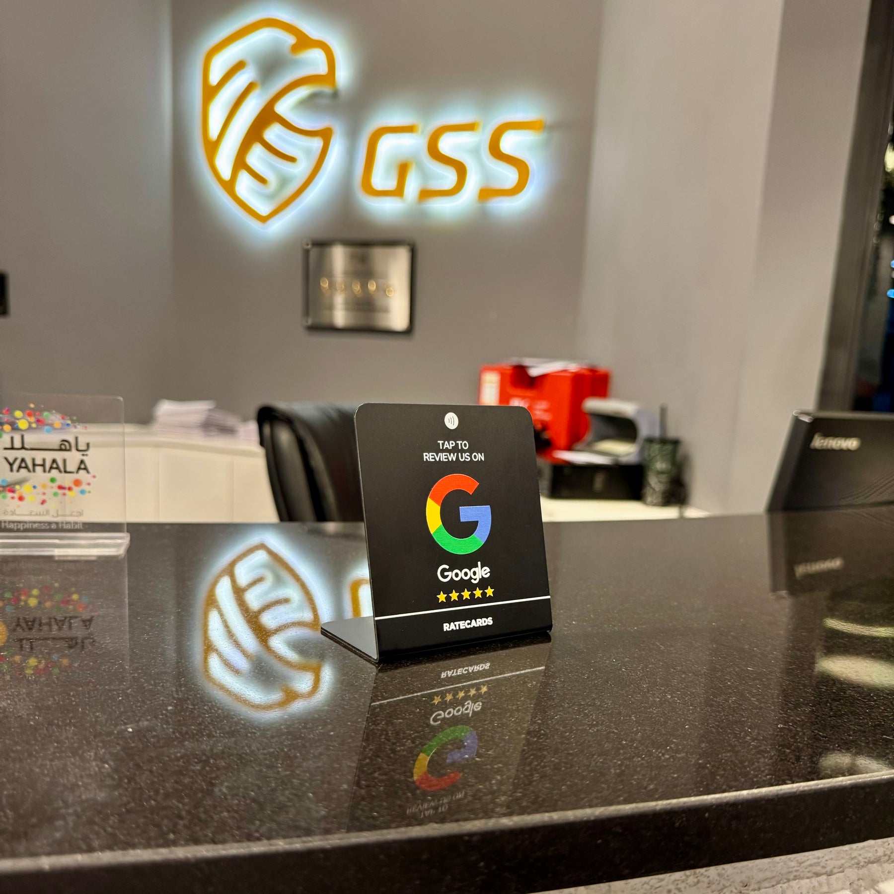 RATECARDS Premium Black Google review stand for upscale venues