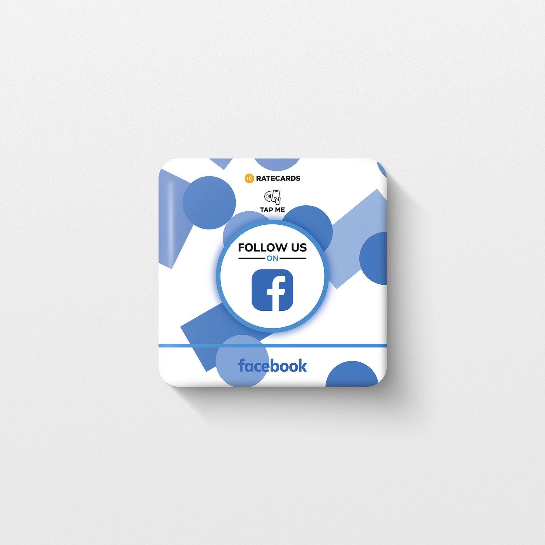 RATECARDS Facebook Review & Follower Plate – wall-mounted NFC tap-to-follow plate that opens your Facebook page, QR code backup