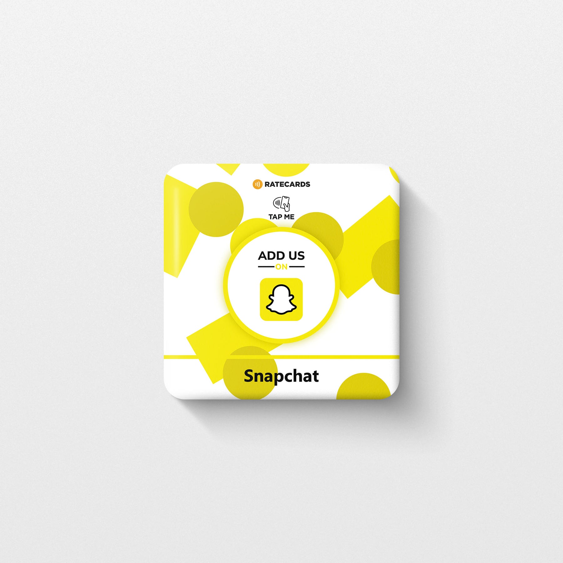 RATECARDS Snapchat Follower Plate – wall-mounted NFC tap-to-follow plate linking to your Snapchat, QR code backup