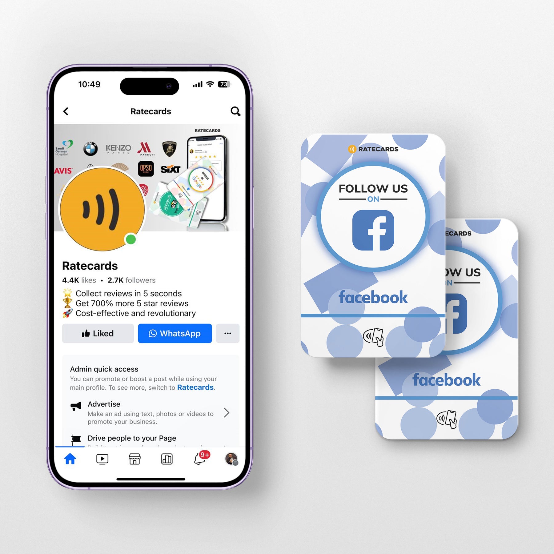 RATECARDS NFC Facebook card with a QR code backup on the back