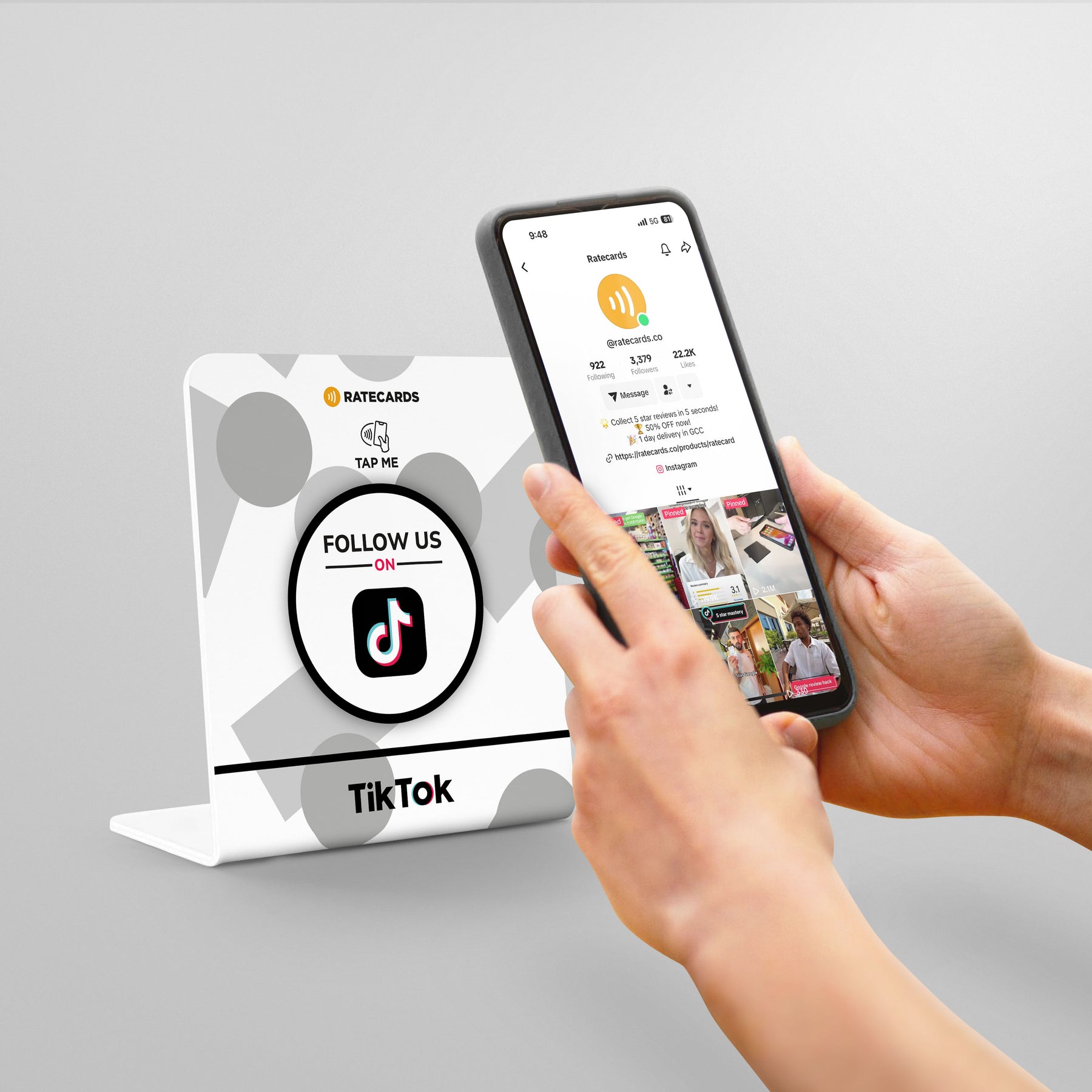 RATECARDS NFC TikTok countertop stand with QR code backup
