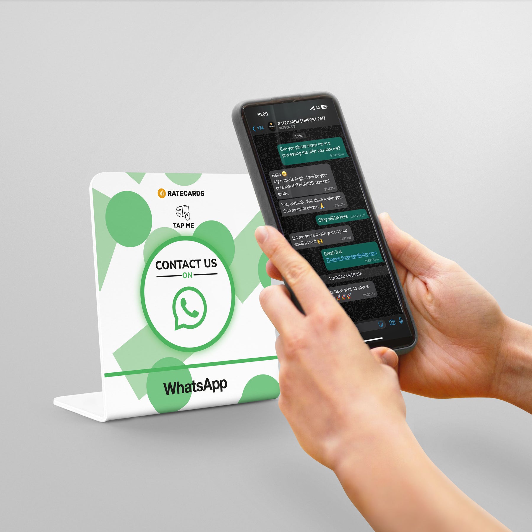 RATECARDS NFC WhatsApp countertop stand with QR code backup