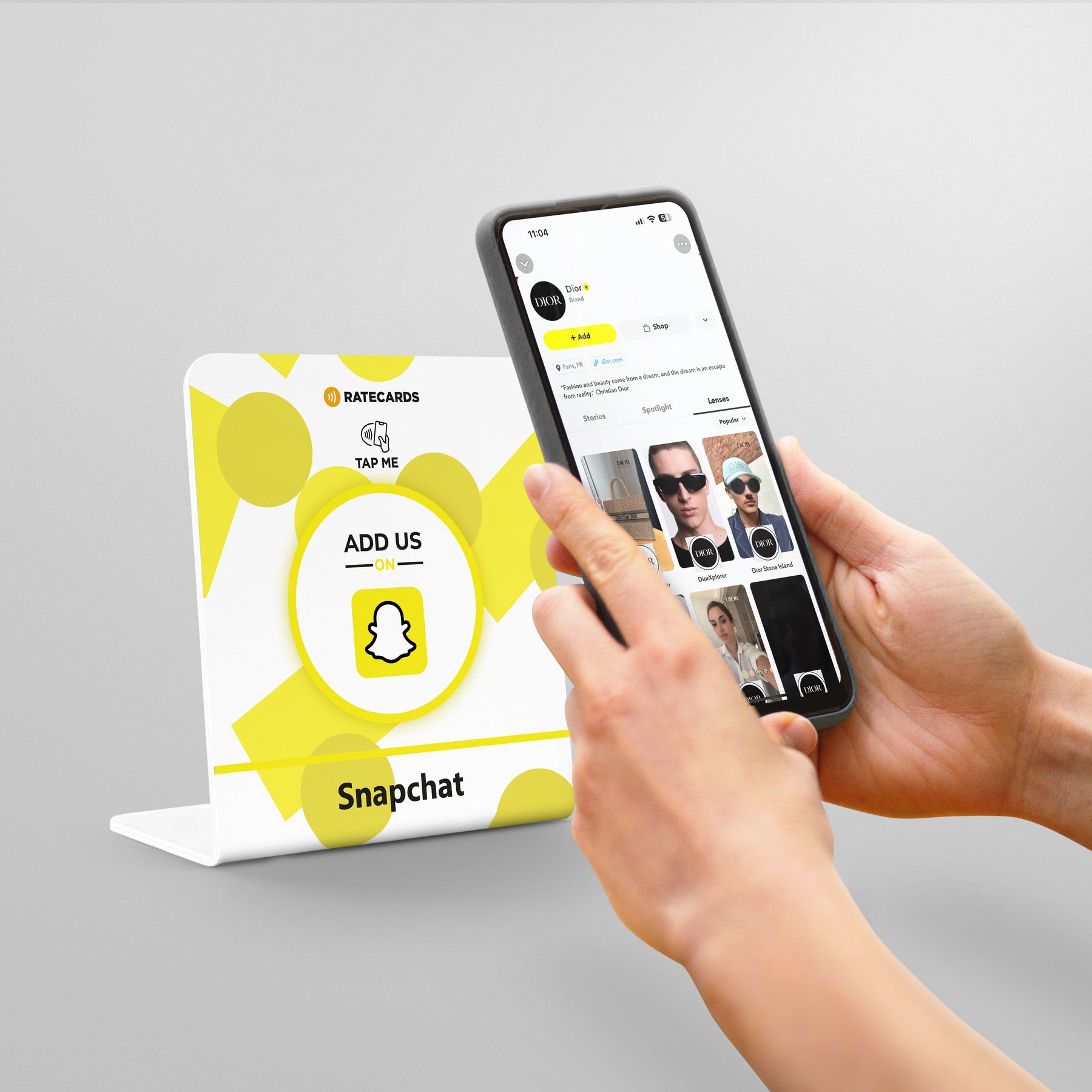 RATECARDS NFC Snapchat countertop stand with QR code backup