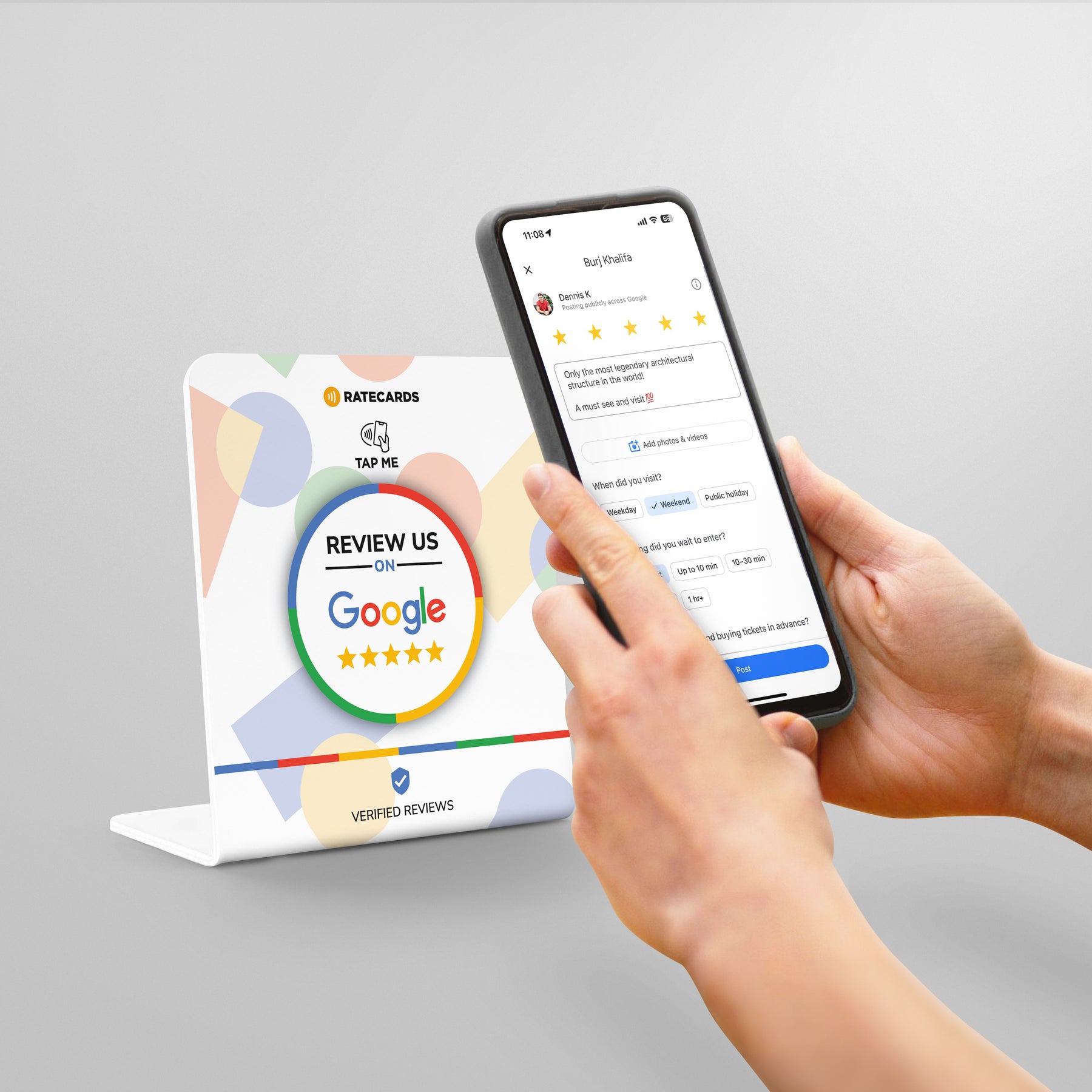 RATECARDS Google review stand with tap-to-review NFC technology
