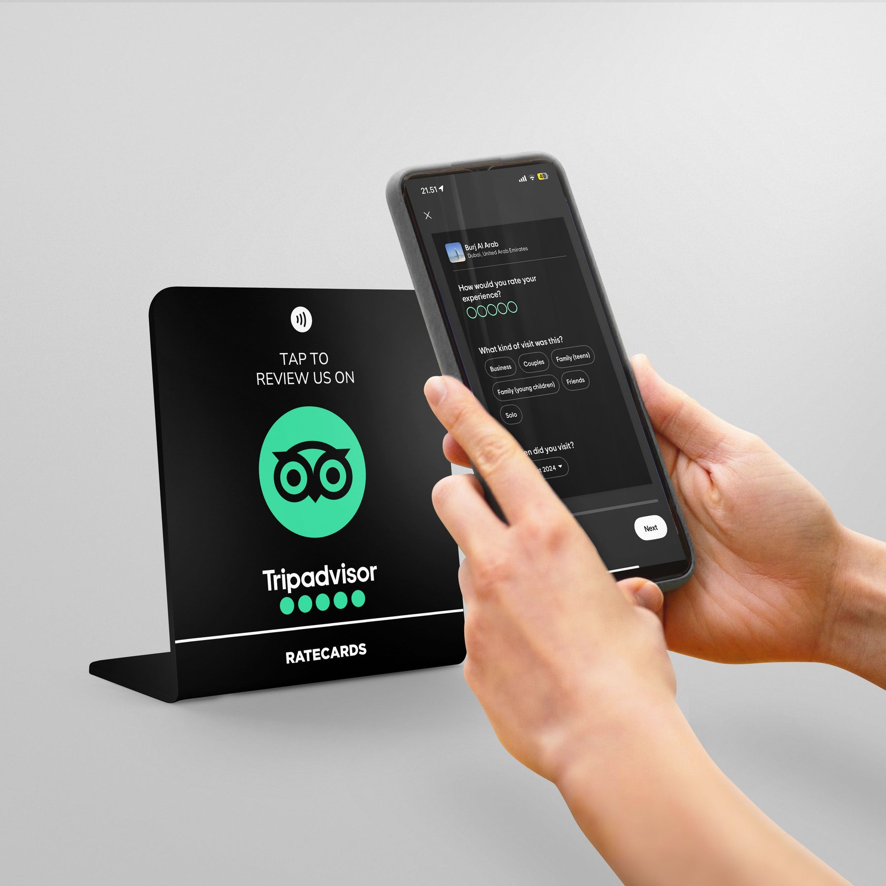 RATECARDS Premium Black Tripadvisor Review Stand – weighted NFC tap-to-review counter stand for Tripadvisor reviews, QR code backup