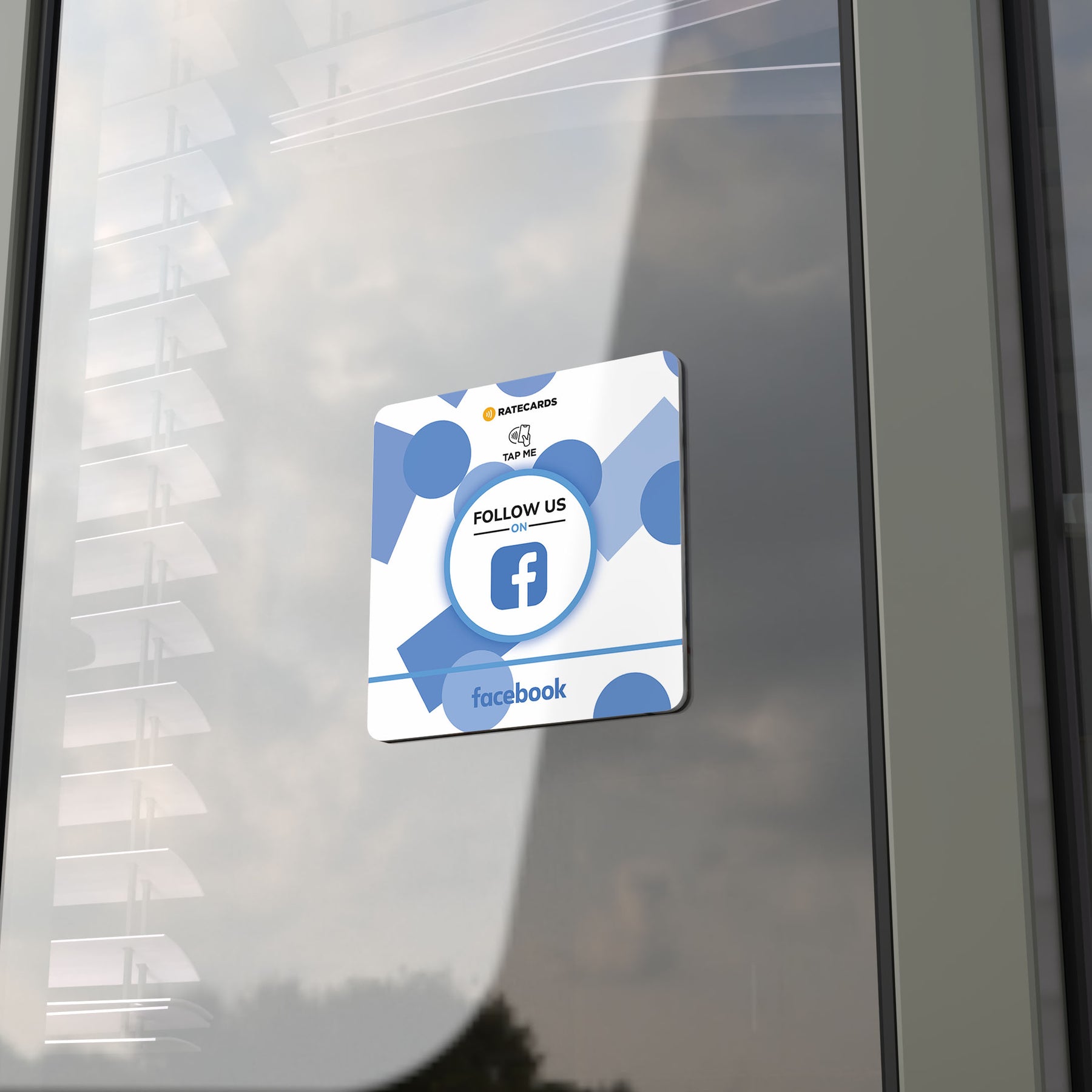 RATECARDS Facebook Review & Follower Plate – wall-mounted NFC tap-to-follow plate that opens your Facebook page, QR code backup