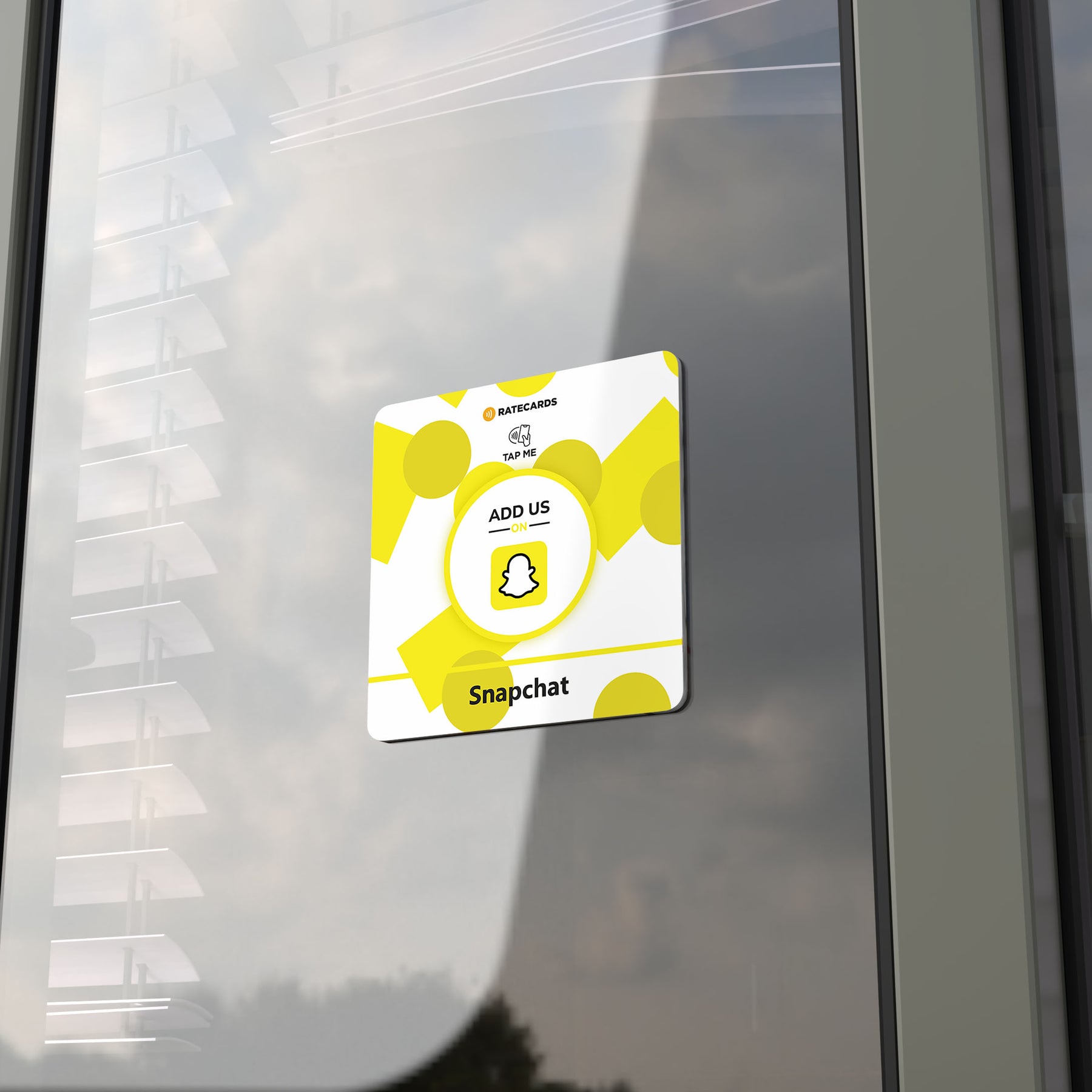 RATECARDS Snapchat Follower Plate – wall-mounted NFC tap-to-follow plate linking to your Snapchat, QR code backup