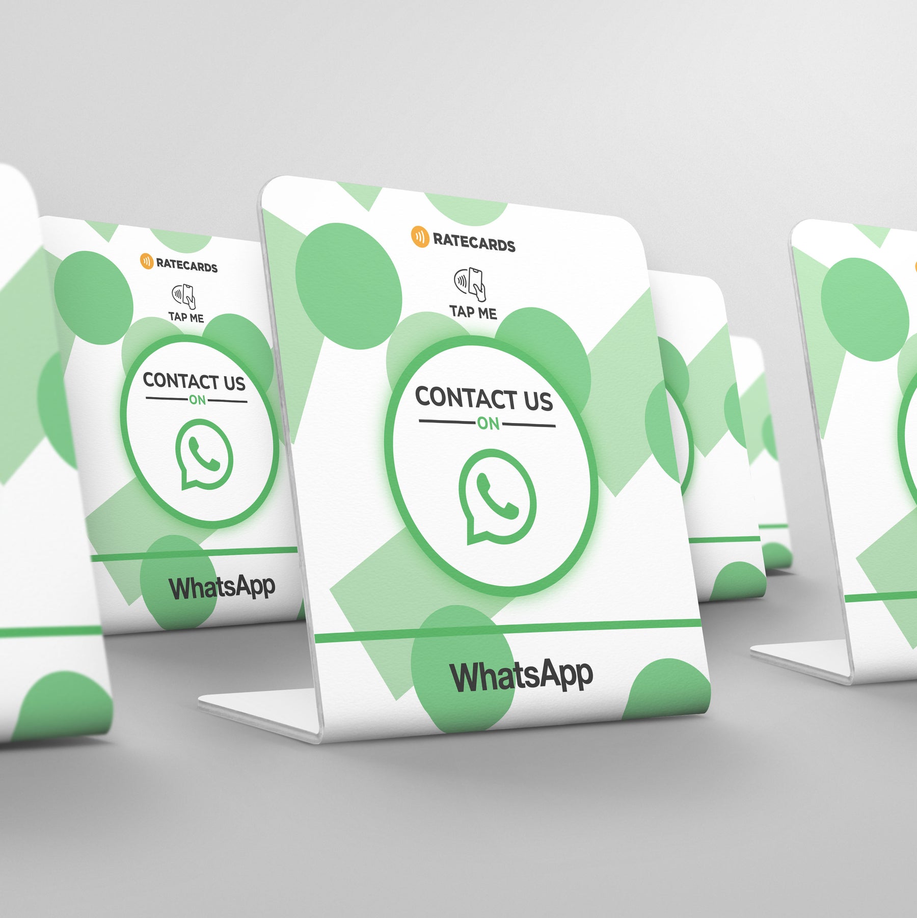 Customer tapping a RATECARDS WhatsApp stand to message a business