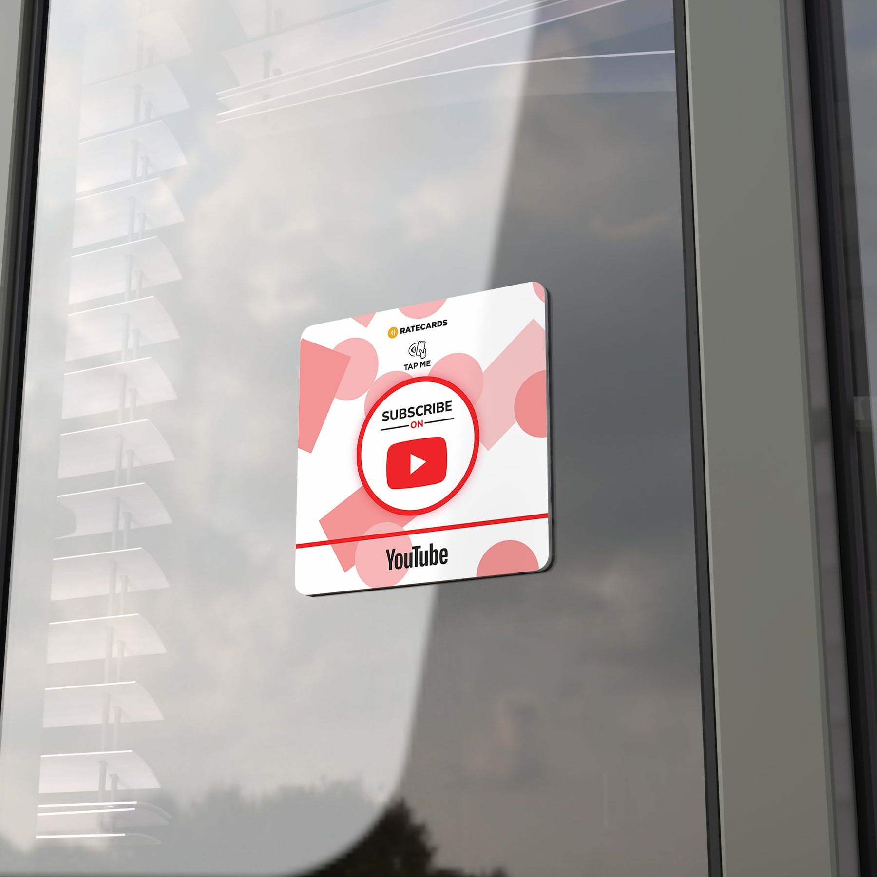 RATECARDS YouTube Subscriber Plate – wall-mounted NFC tap-to-subscribe plate linking to your YouTube channel, QR code backup