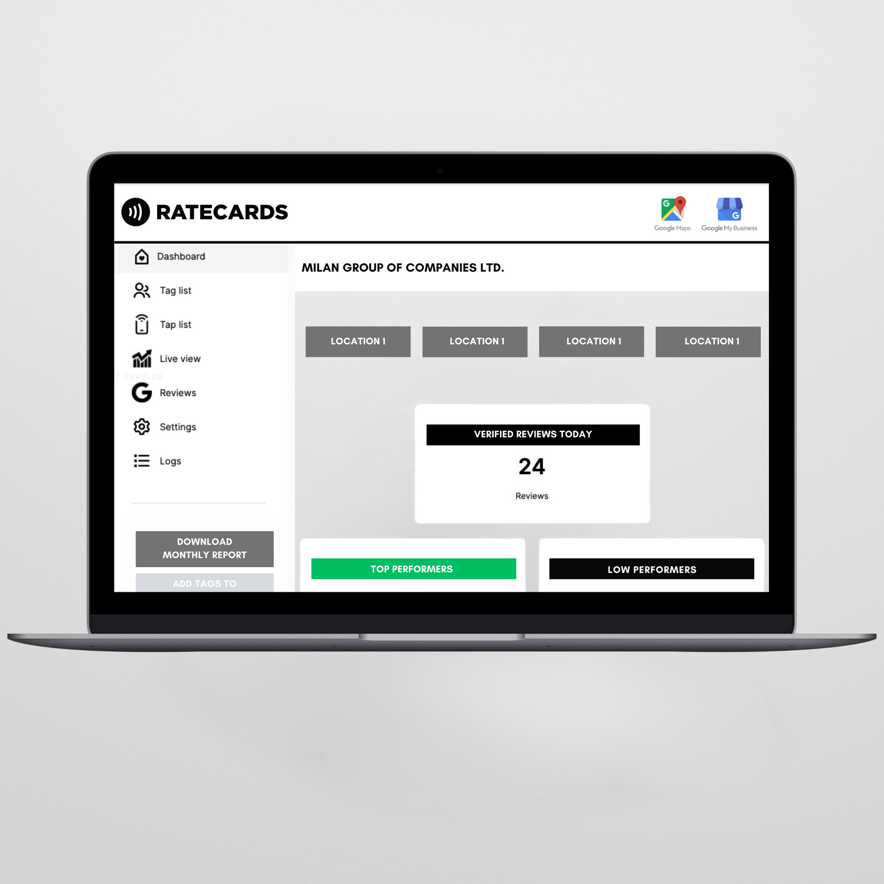 RATECARDS Interactive Review Dashboard for tracking customer reviews across staff and managers