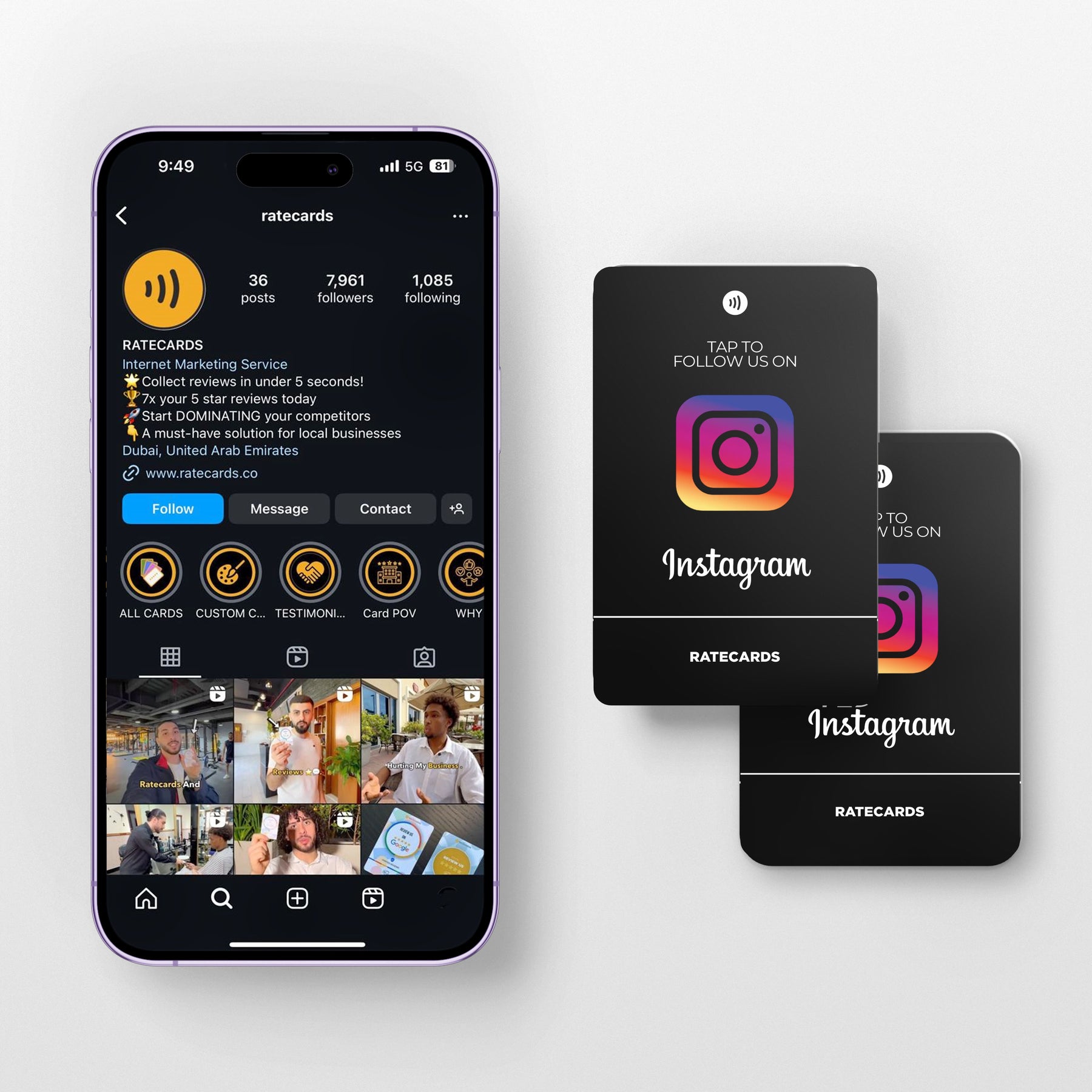 RATECARDS Black Edition Instagram follow card - tap to follow your profile
