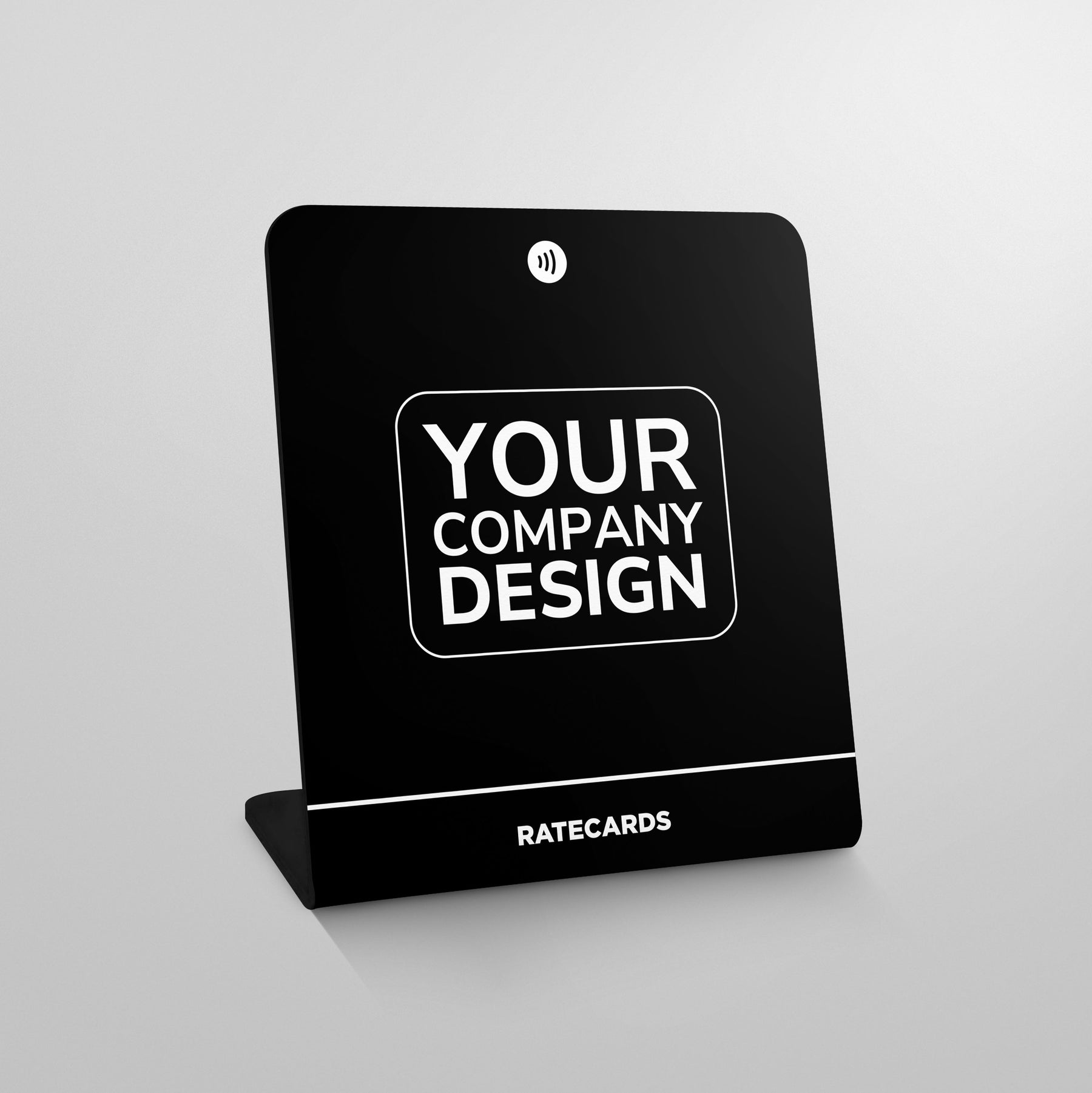 RATECARDS VIP Customized Stand – custom-branded weighted NFC tap-to-review counter stand, QR code backup