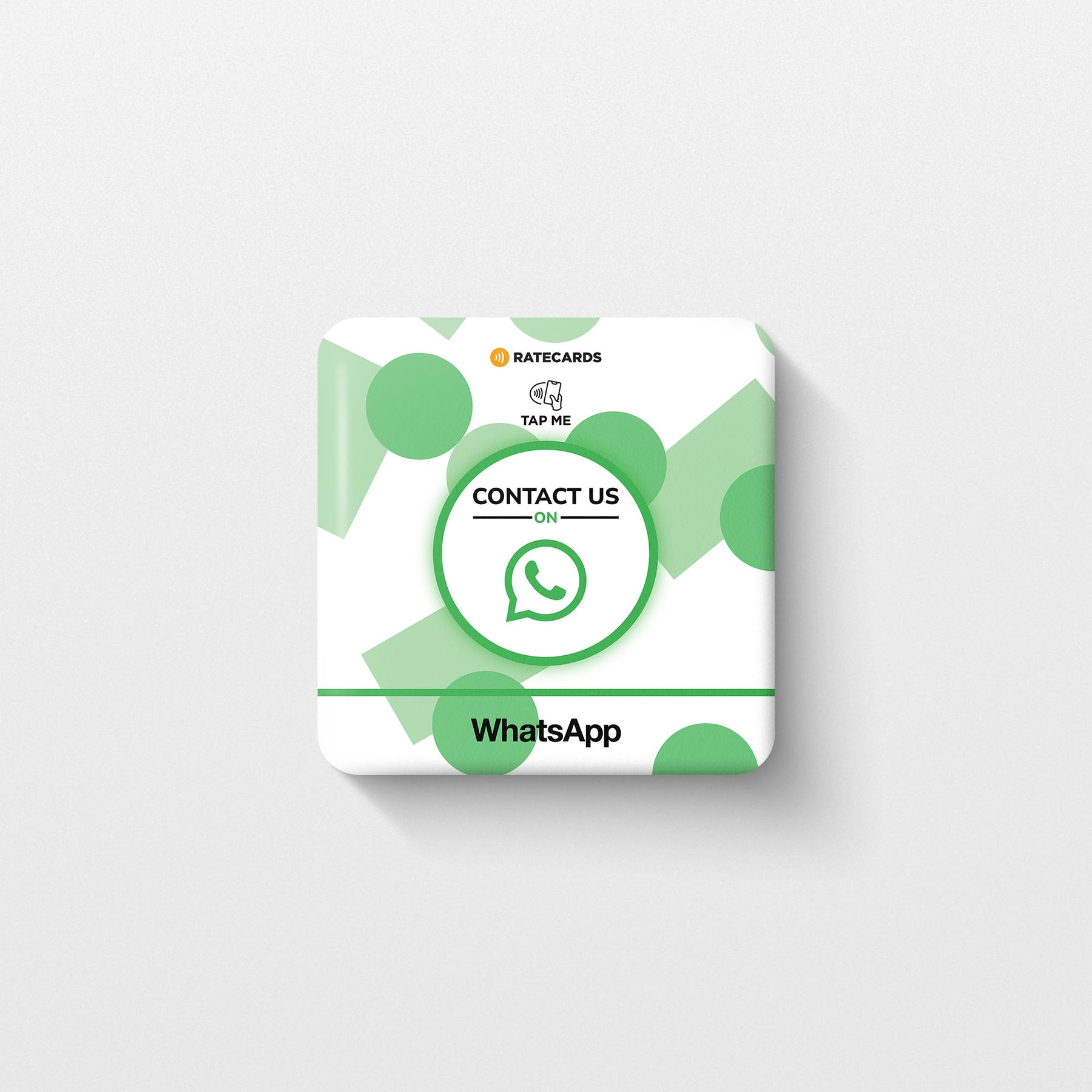 RATECARDS WhatsApp Contact Plate – wall-mounted NFC plate that opens a WhatsApp chat with your business on tap, QR code backup