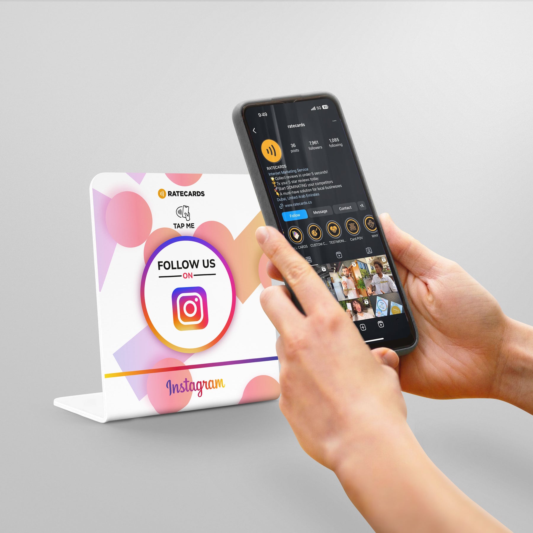 RATECARDS NFC Instagram countertop stand with QR code backup