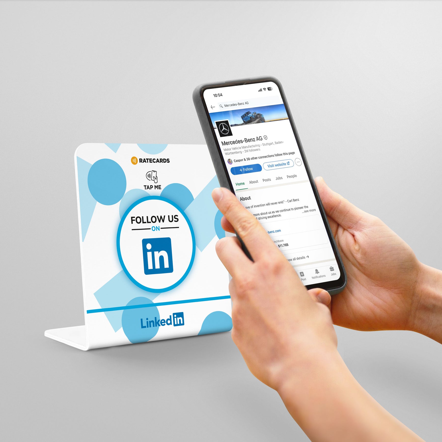 RATECARDS NFC LinkedIn countertop stand with QR code backup