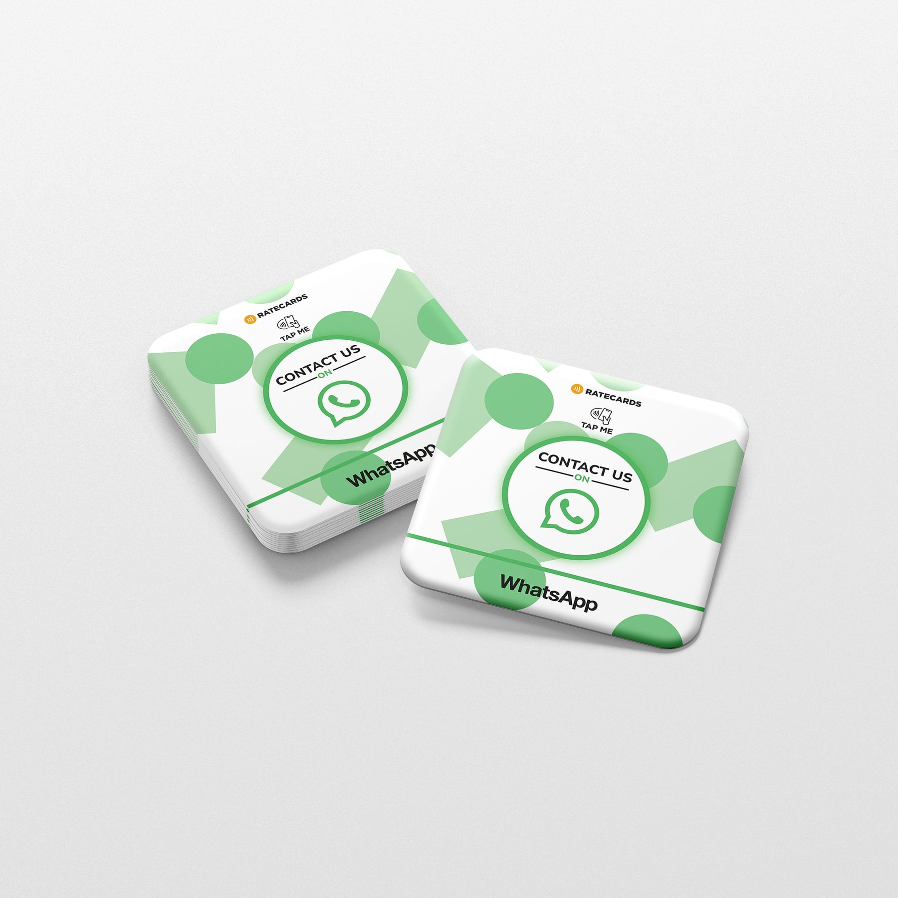 RATECARDS WhatsApp Contact Plate – wall-mounted NFC plate that opens a WhatsApp chat with your business on tap, QR code backup