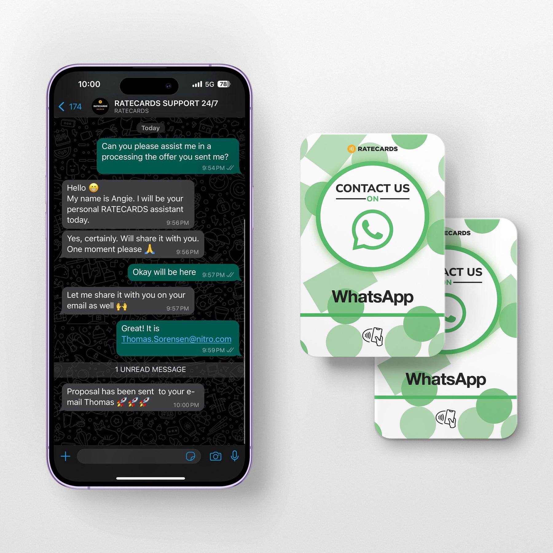 RATECARDS NFC WhatsApp contact card with QR code backup