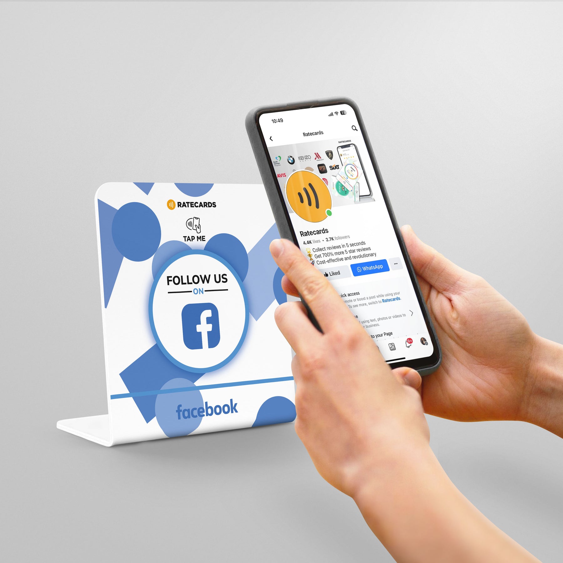 RATECARDS NFC Facebook countertop stand with QR code backup