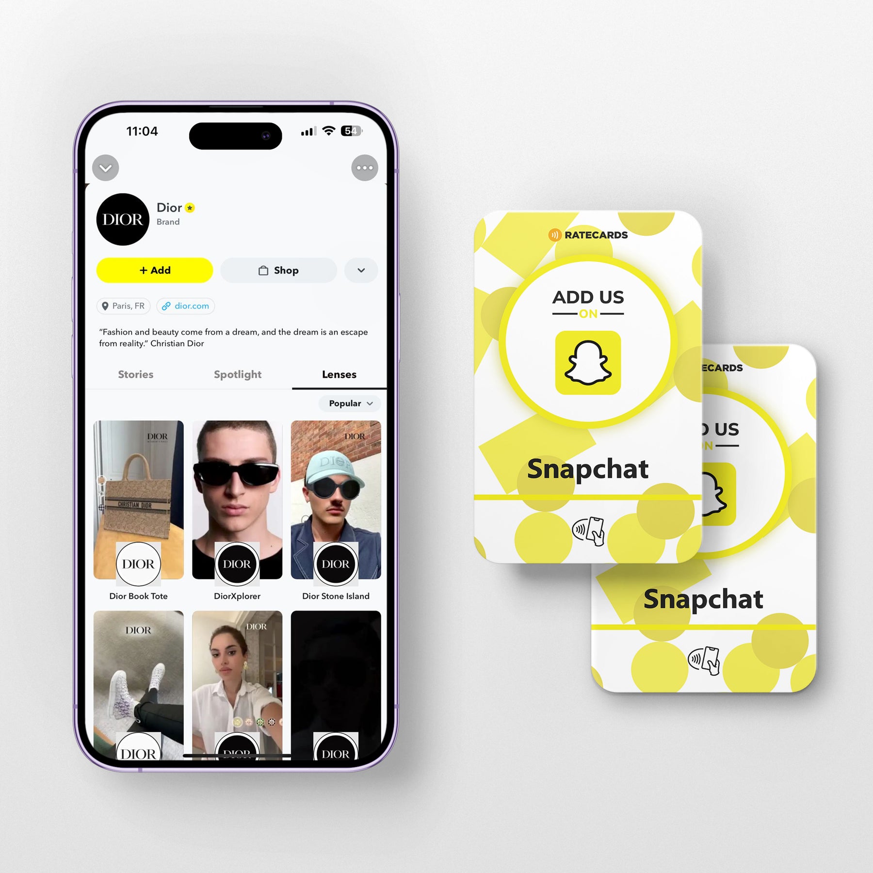 RATECARDS NFC Snapchat card with a QR code backup printed on the back