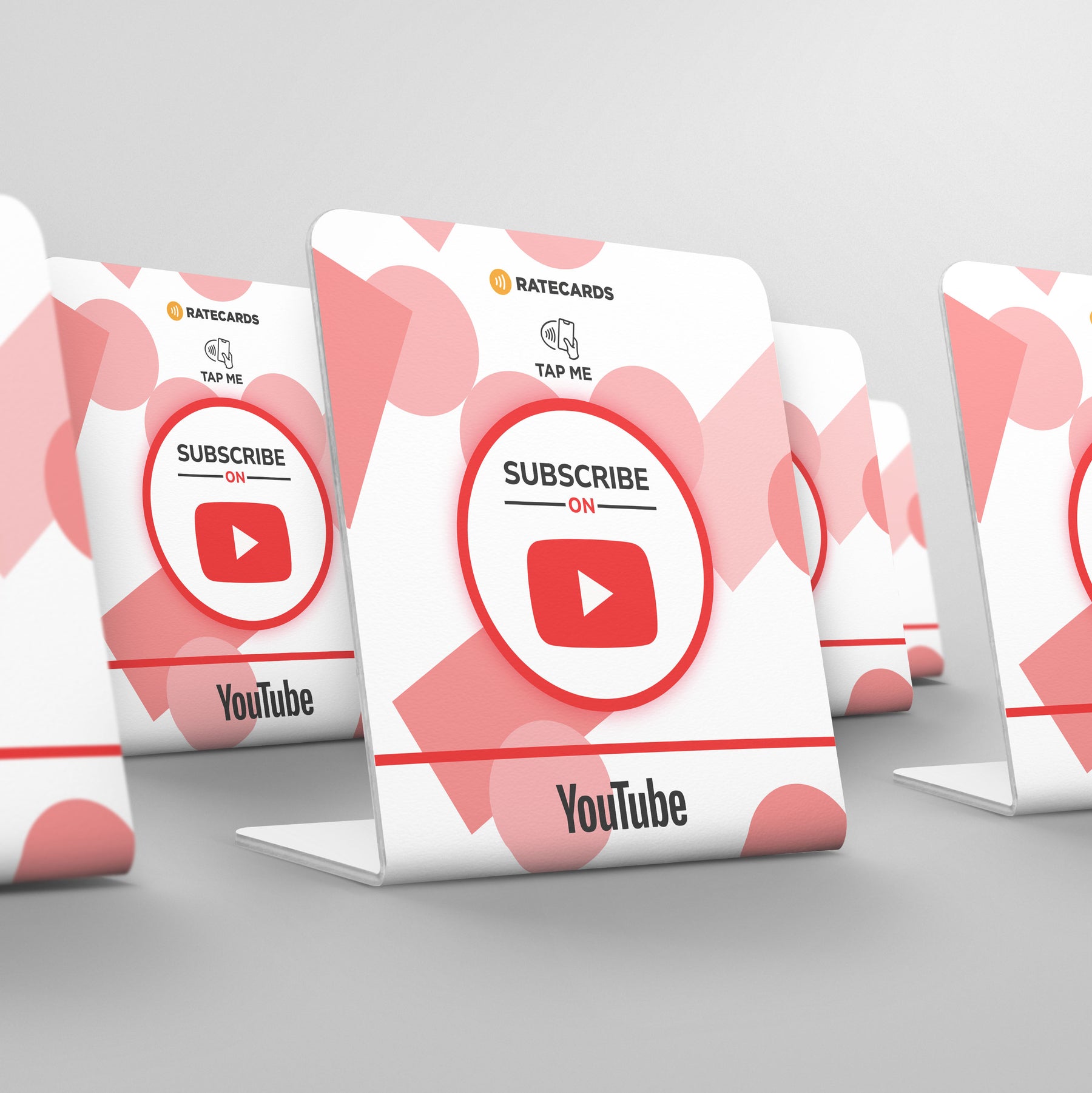 Customer tapping a RATECARDS YouTube stand to subscribe instantly