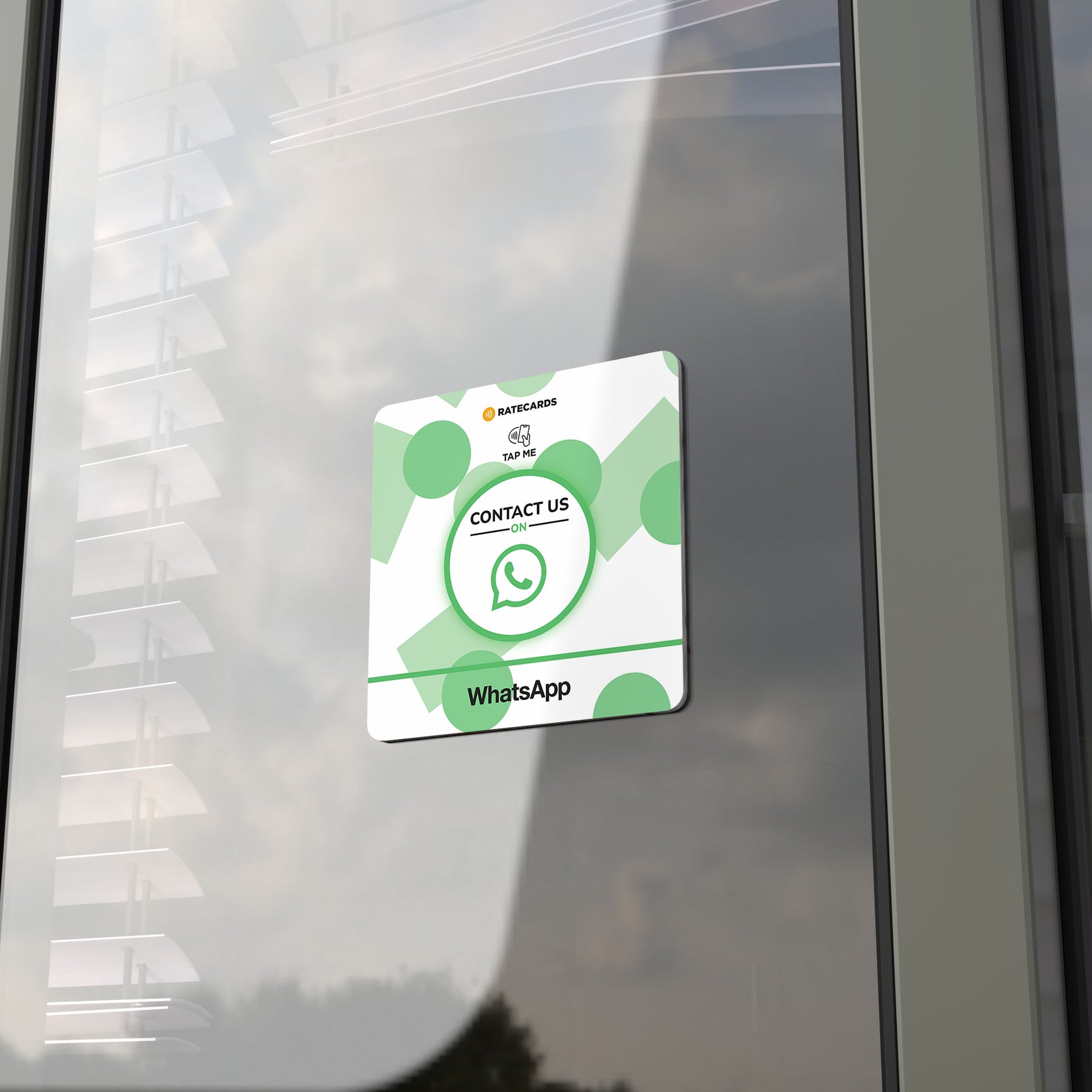 RATECARDS WhatsApp Contact Plate – wall-mounted NFC plate that opens a WhatsApp chat with your business on tap, QR code backup