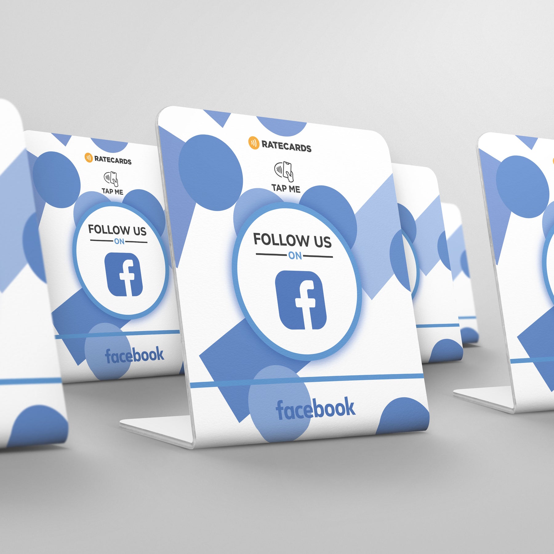 Customer tapping a RATECARDS Facebook stand to follow on Facebook