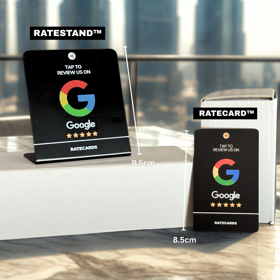 RATECARDS Black Edition Google review stand – tap to review
