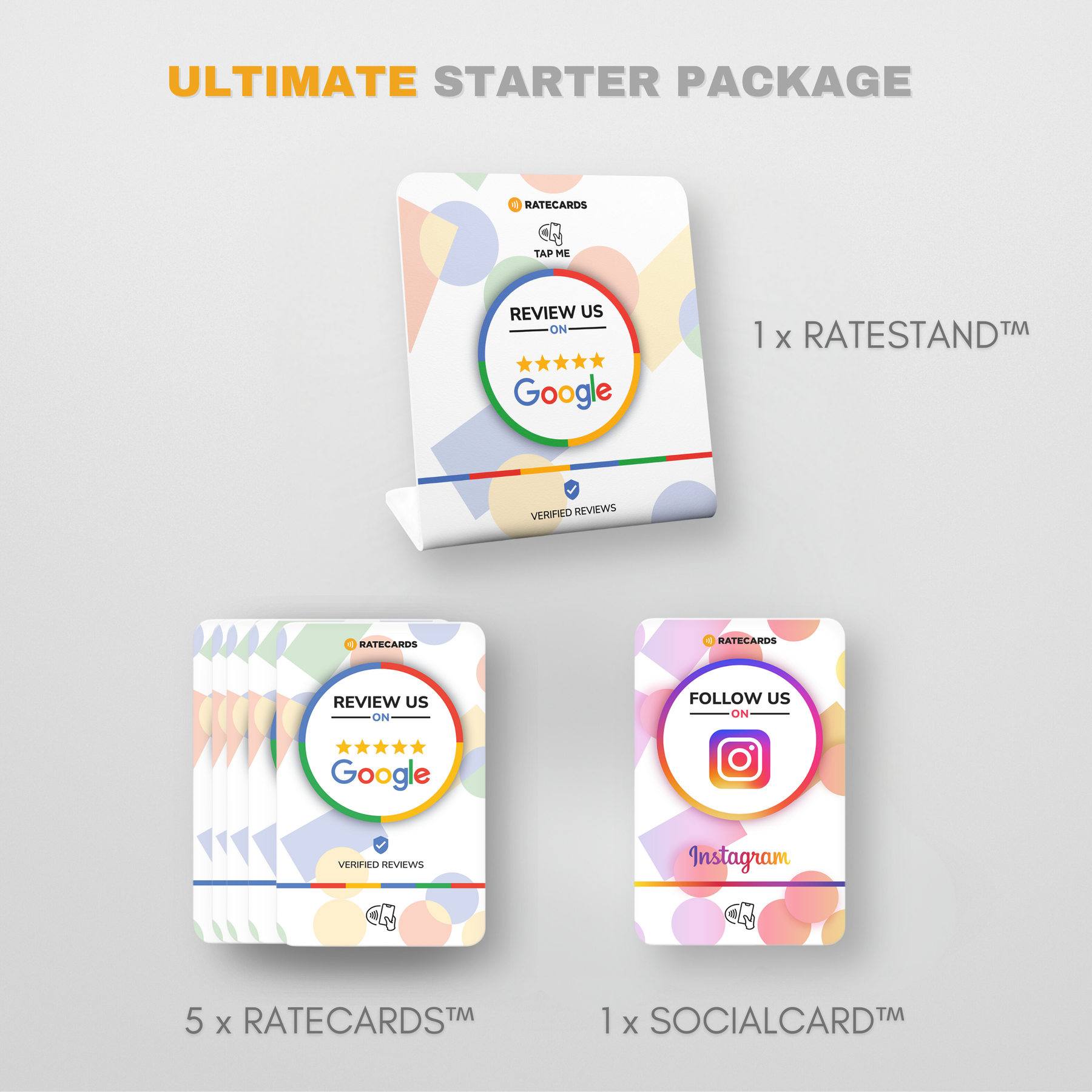 RATECARDS Ultimate Starter Kit – NFC Google review cards, stand and stickers