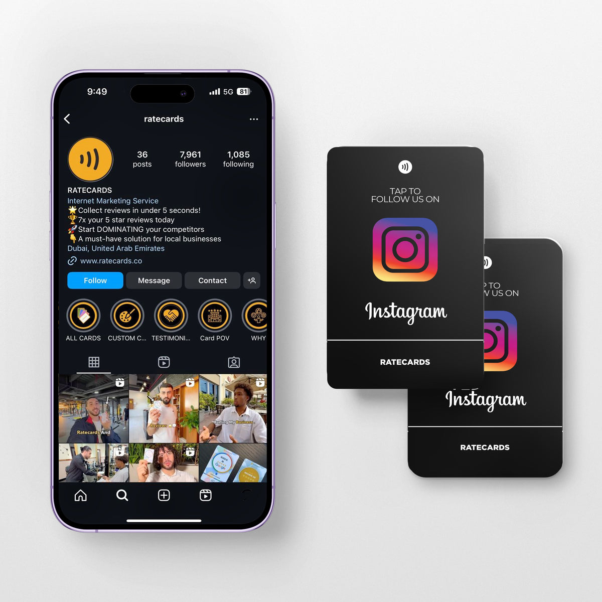 RATECARDS Black Edition Instagram follow card - tap to follow your profile